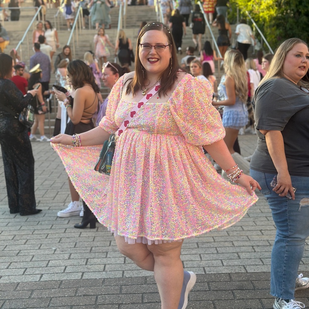 Selkie 3x rainbow sequin puff sleeve dresss
